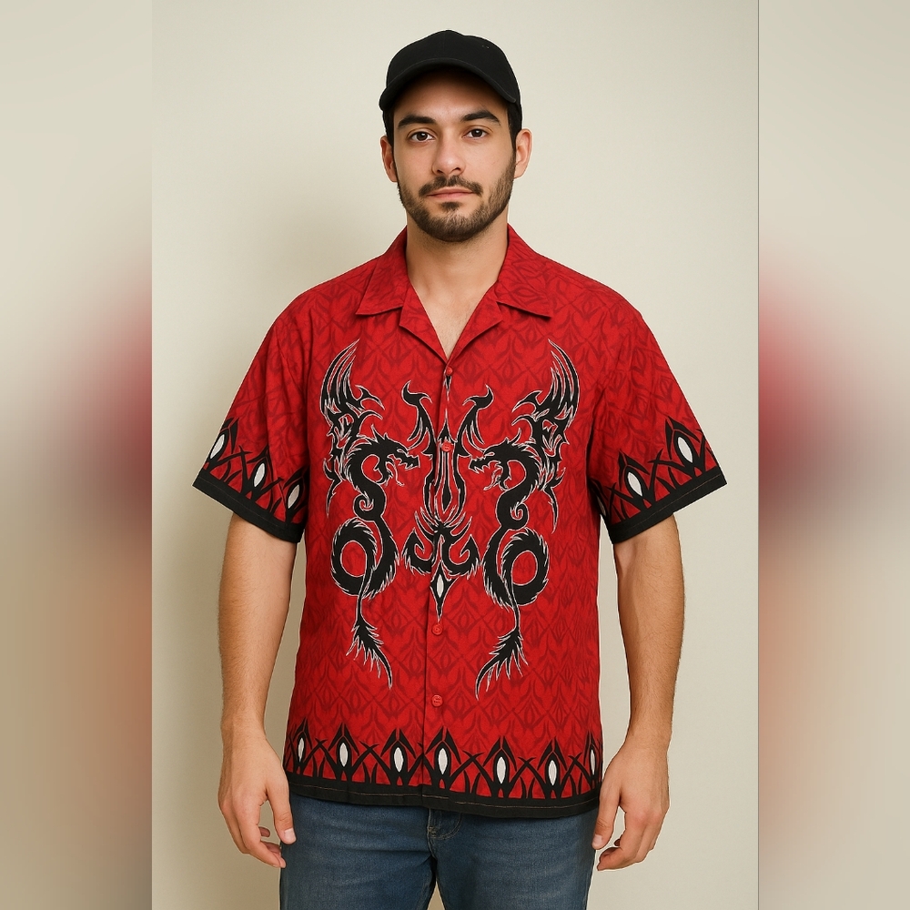 Vintage Urban Rags Y2K Dragon Button-Up Shirt Medium Red & Black